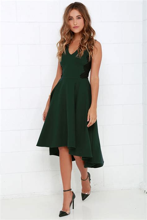 Lovely Dark Green Dress Lace Dress Midi Dress High Low Dress