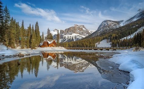 Nature Landscape Lake Cabin Winter Mountain Snow