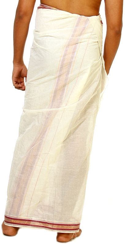Ivory Dhoti From Kerala With Golden Thread Weave And Embroidered