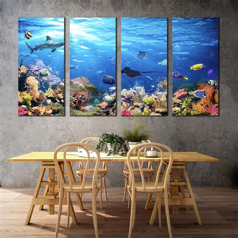 Coral Reef Canvas Print Blue Underwater Scene 4 Piece Canvas Wall Art