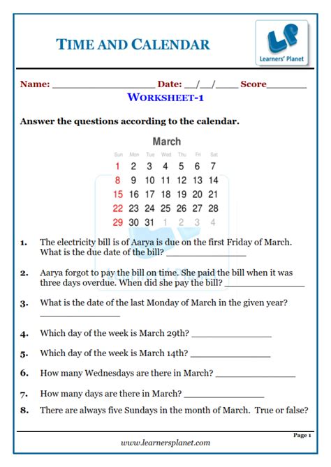 Grade 2 Olympiad Math Clocks And Calendar Practice Worksheets For Kids