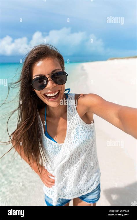Beach Selfie Young Asian Woman Taking Fun Photo With Phone On Caribbean