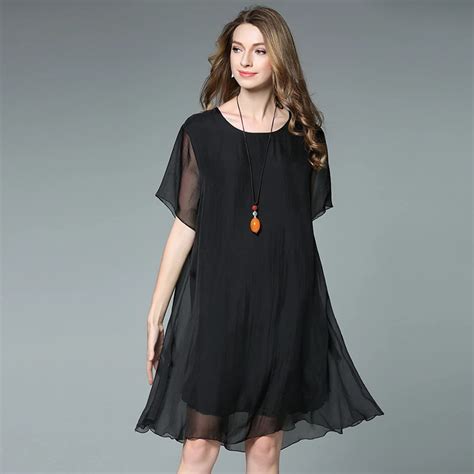 4xl Women Summer Dress Silk Chiffon Loose Black Plus Size Short Sleeve Party Dresses Knee Length