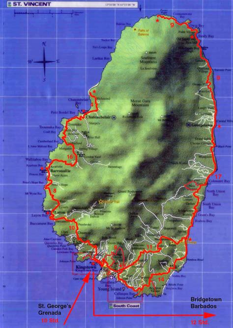 Большая детальная карта рельефа Сент Винсента с дорогами Сент Винсент