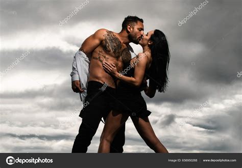 Couple Kissing Sensual Kiss Man Embracing Going Kiss Sensual Woman