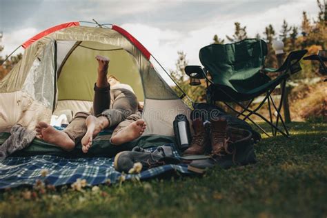 Romantic Camping A Young Couple Sitting By The Bonfire Stock Image Image Of Camping Hiking