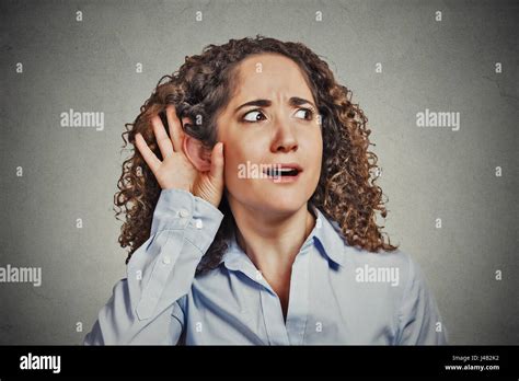 Closeup Portrait Surprised Young Nosy Woman Hand To Ear Gesture