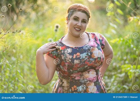 Happy Plus Size Model In Floral Dress Outdoors Beautiful Fat Woman