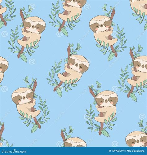 Cute Fun Sloths On A Branch With Leaves Seamless Pattern Vector
