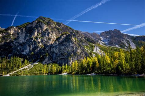 Braies Lake Dolomites In Autumn Trentino Alto Adige Italy Stock