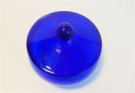 Vintage Cobalt Blue Art Glass Jar W Lid Round Dark Blue Glass Round Knob On Lid Retro Home