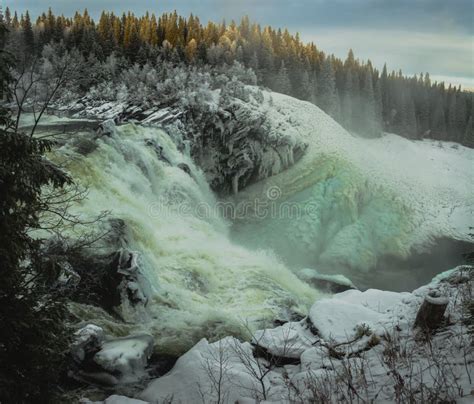 Biggest Frozen Swedish Waterfall Tannforsen In Winter Time Stock Photo