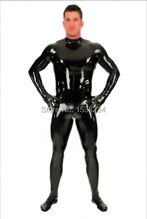Black Mens Latex Catsuit Rubber Fetish Bodysuit With Socks And Gloves