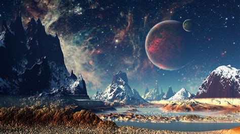 Mountains Stars Space Planets Digital Art Artwork 4k