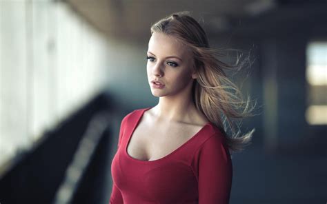 Wallpaper Face Women Model Blonde Depth Of Field Long Hair Red Dress Shirt Necks