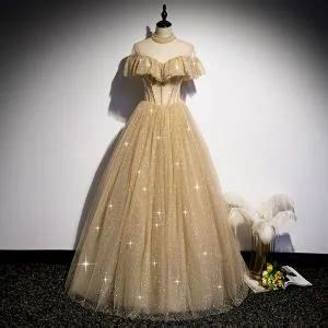 Vintage Retro Champagne Gold Dancing Prom Dresses A Line Princess See Through High Neck