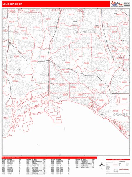 Long Beach California Zip Code Wall Map Red Line Style By Marketmaps