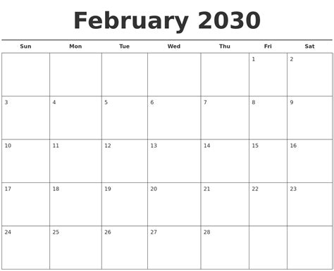 February 2030 Free Calendar Template