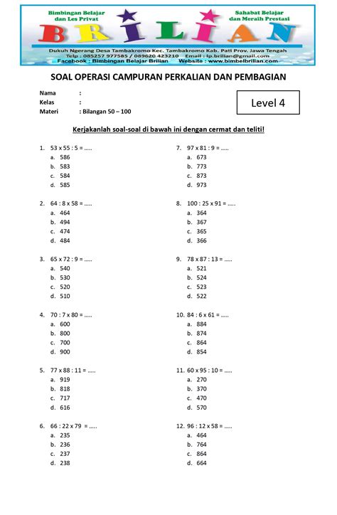 Soal Perkalian Dan Pembagian Campuran Level 4 A Kelas 4 SD Bimbel Brilian