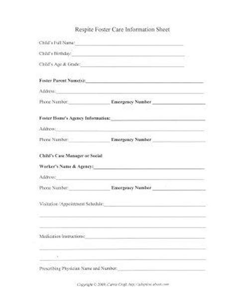 Foster Care Record Keeping Printable Worksheets Respite