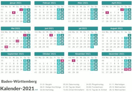 Durch die farbliche hervorhebung der feiertage. Kalender 2021 Baden-Württemberg