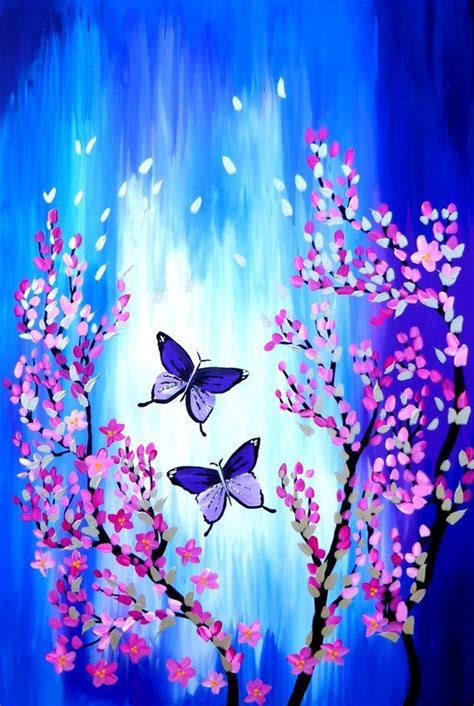 Blue Pink And Purple Paintings With Butterflies By Romancingher On Etsy