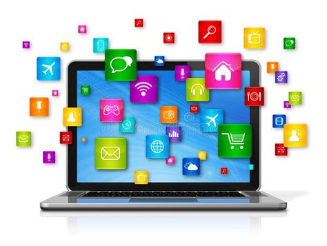 Laptop Computer And Flying Apps Icons Stock Illustration Illustration