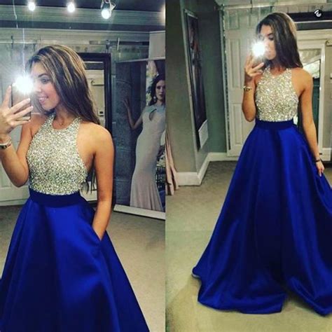 sparkling crystal beaded halter top tulle prom dress backless royal blue long satin prom dress