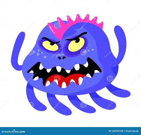 Angry Monster With Roaring Face Sharp Teeth And Many Feet Worm Germ Alien Or Bacteria With