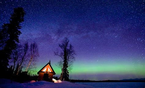 Starry Sky Over Winter Cabin Hd Wallpaper Background Image 2000x1218
