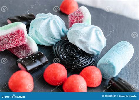 Sweets Black Licorice Candies Colorful Fruit Marmalade In Sugar And