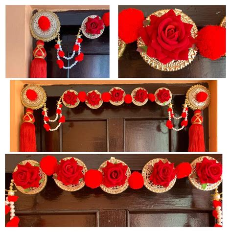 A Beautiful Red Floral Design Of Bandhanwar For Door Handmade Diwali