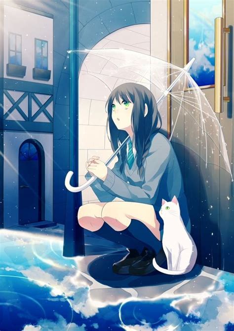 Tags Braids Brown Hair Green Eyes Long Hair Neko Seifuku Twin Tails Umbrella