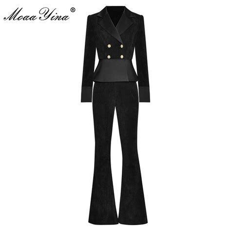 moaayina fashion designer spring pants suit women s black long sleeve jacket coat flare pants