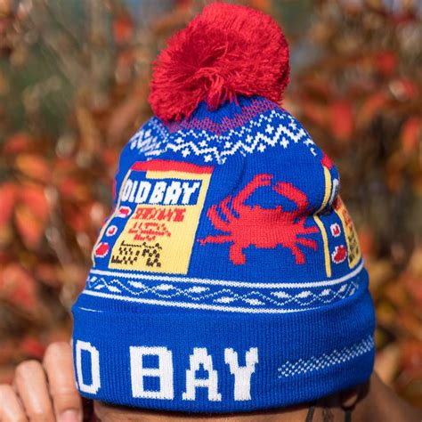Old Bay Can And Red Crab Blue W Red Pom Knit Beanie Cap Route One