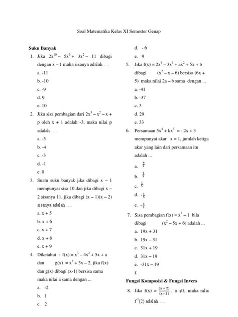 Contoh Soal Matematika Peminatan Kelas 11 Polinomial – Berbagai Contoh