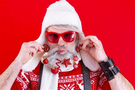 Modern Santa Claus Isolated On Red Background Merry Christmas And