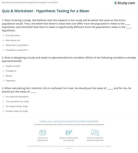 Hypothesis Testing Worksheet Worksheets For Kindergarten