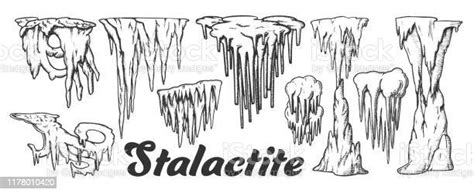 Stalactite And Stalagmite Monochrome Set Vector Stock Illustration