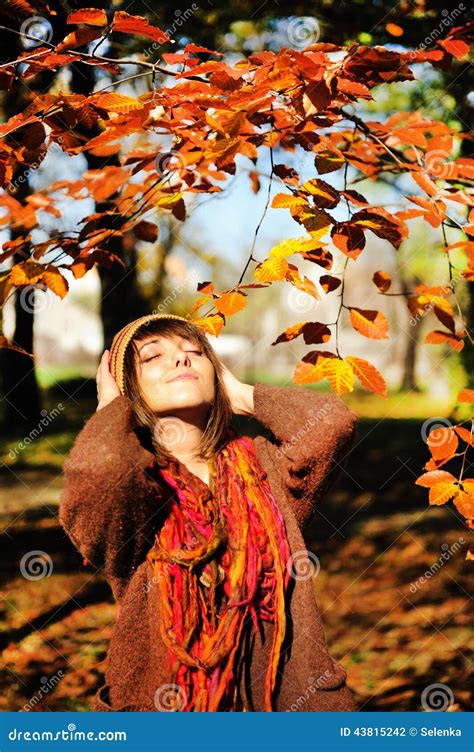 Woman Relaxing In Autumn Park Stock Photo Image Of Autumn Looking
