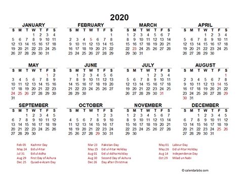 2020 Pakistan Yearly Calendar Template Excel Free Printable Templates