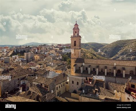 Aerial Image Ancient Architecture View Of Bocairent Against Hills And