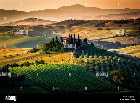Val Dorcia Tuscany Italy Amazing Sunrise Over The Green And Golden