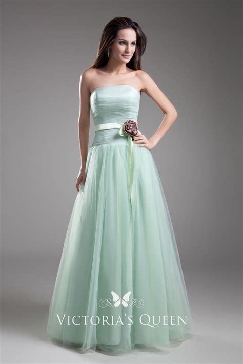 Strapless Light Green Tulle Corset A Line Long Simple Prom Dress Vq