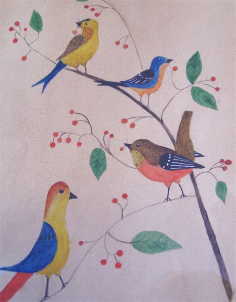 8336 Evelyn S Dubiel Folk Art Watercolor Painting Of A Group Of Birds