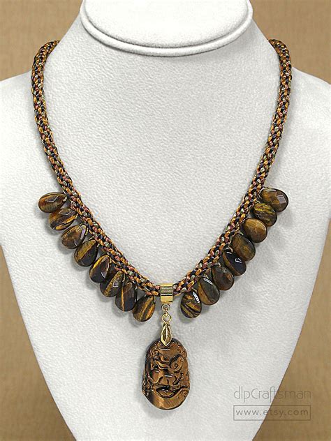 Tiger Eye Beaded Necklace With Pendant Kumihimo Braided Tiger Etsy