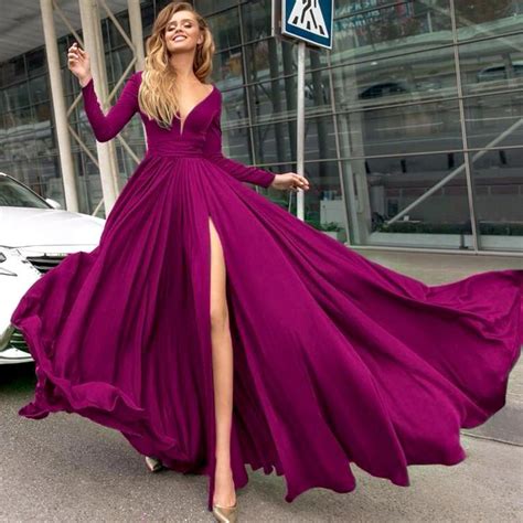 long sleeves prom dresses v neck chiffon split evening gowns 2019 alinanova