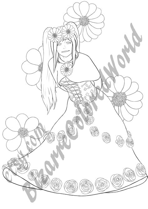 Girl With Flowers Printable Coloring Page Digital Art Png Etsy
