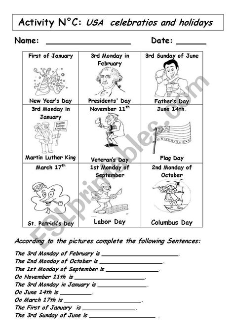 English Worksheets Usa Celebrations And Holidays