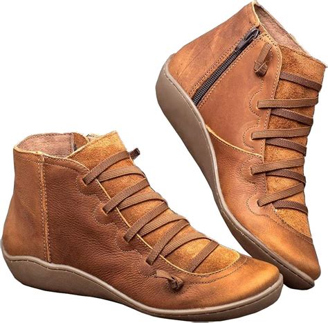 Blivener Womens Ankle Boots Fashion Lace Up Side Zip Vintage Booties Flat Heel